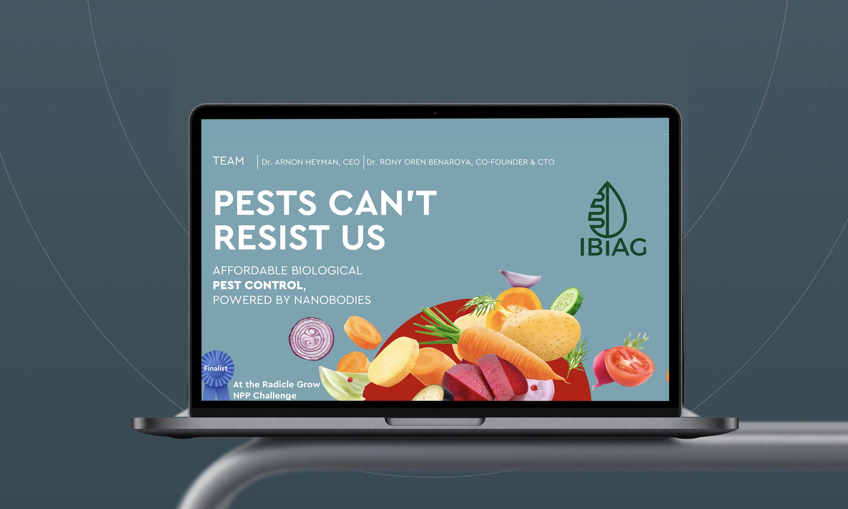 IBIAG investor pitch deck – cover slide on laptop